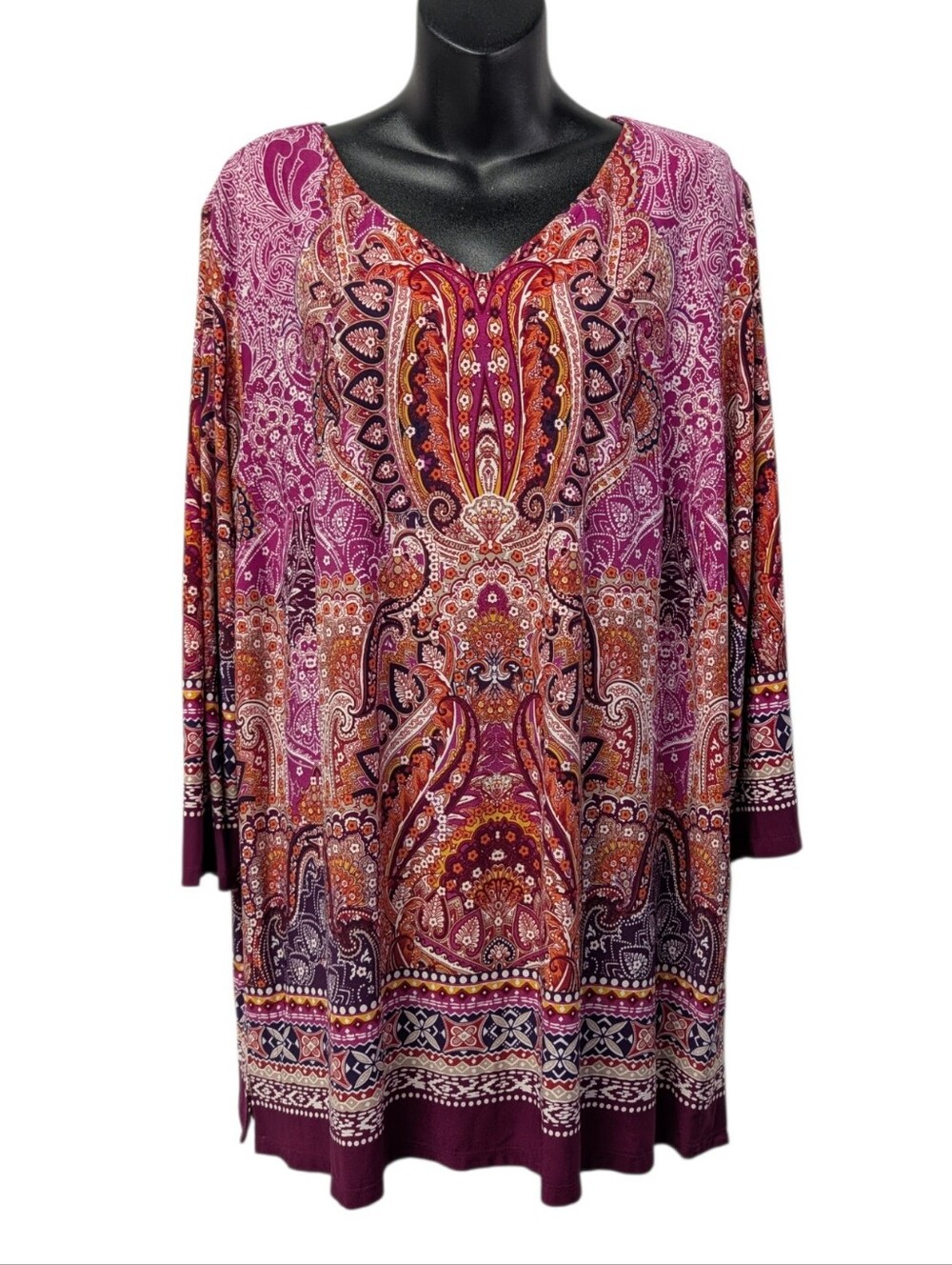 cb established 1962 Womens Plus 2X Purple Orange Paisley V-Neck 3/4 Sleeve Tunic